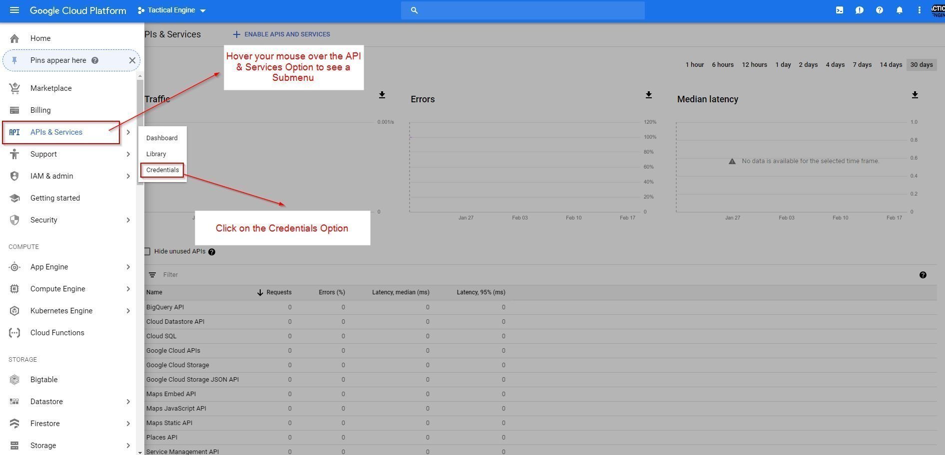 Google Cloud Platform Credentials screen