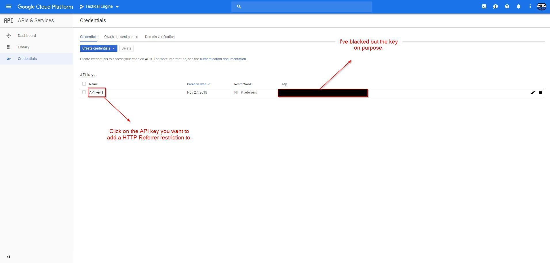 Selecting an API key in Google Cloud