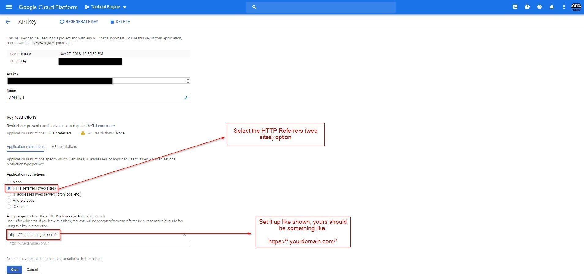 Setting HTTP referrer restrictions on a Google API key